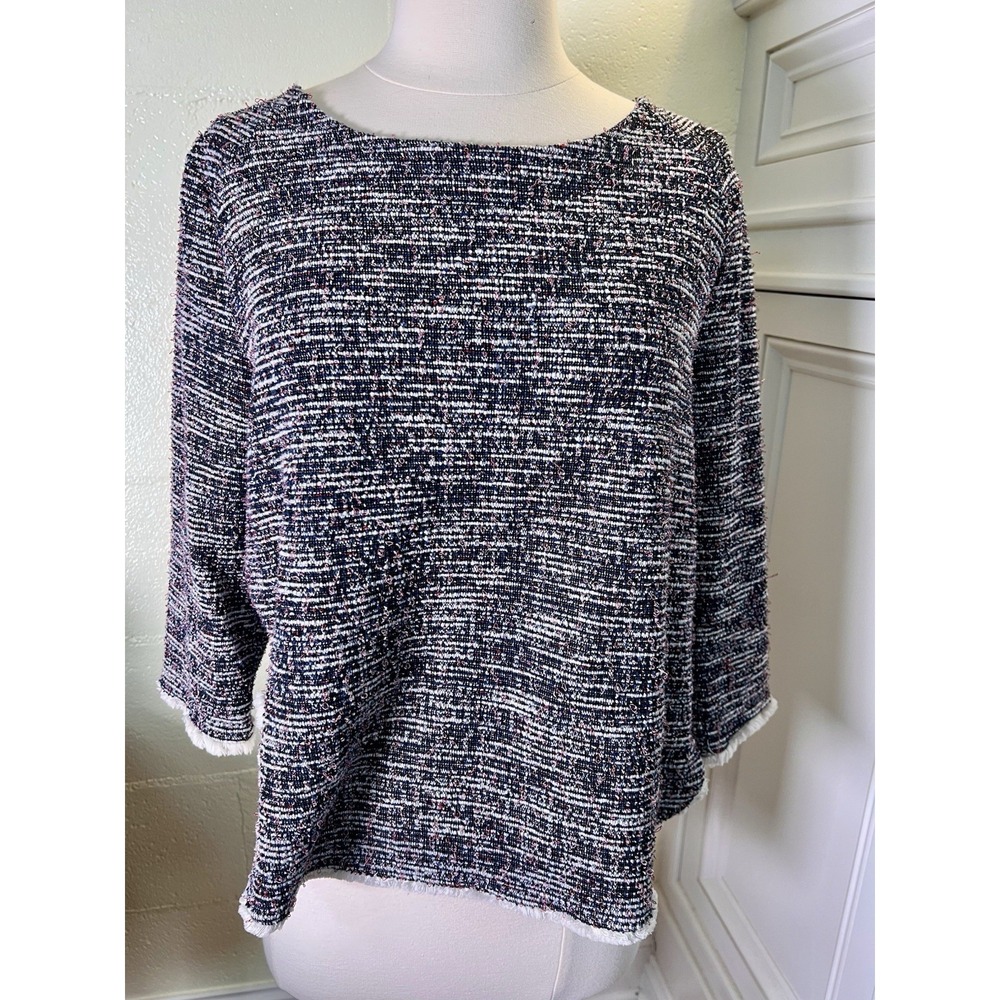 W5 Tweed Boxy Top Blouse Size L Navy White Red Textured Zip Back